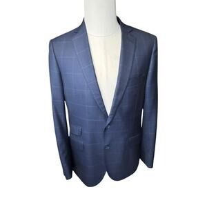 J. Hilburn Men's 100% Wool Blazer Navy Blue Windowpane 41R Slim Fit Sport Coat